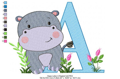 Hippo Monogram A Letter A - Rippled Stitch Embroidery