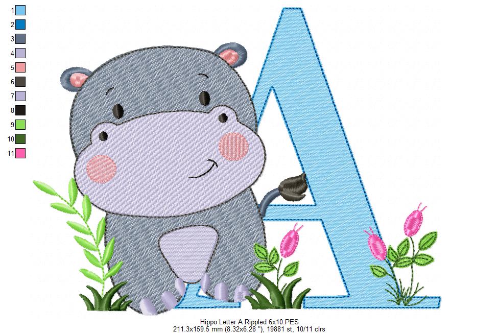 Hippo Monogram A Letter A - Rippled Stitch Embroidery