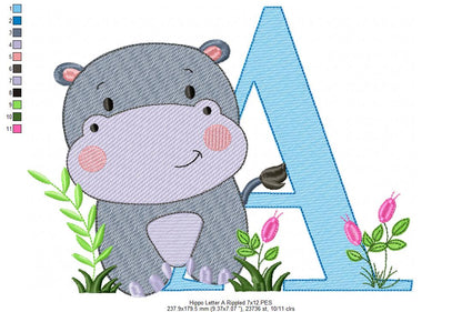 Hippo Monogram A Letter A - Rippled Stitch Embroidery