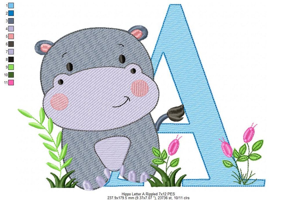 Hippo Monogram A Letter A - Rippled Stitch Embroidery