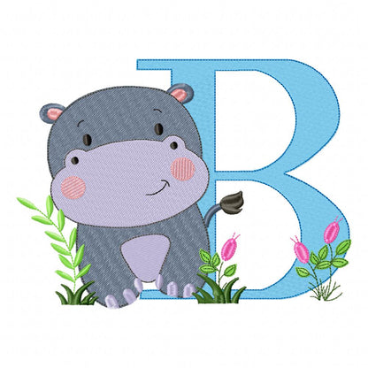Hippo Monogram B Letter B - Fill Stitch Embroidery