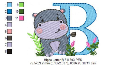 Hippo Monogram B Letter B - Fill Stitch Embroidery