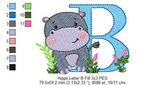 Hippo Monogram B Letter B - Fill Stitch Embroidery