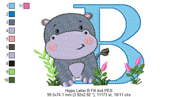 Hippo Monogram B Letter B - Fill Stitch Embroidery