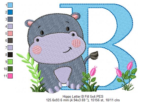 Hippo Monogram B Letter B - Fill Stitch Embroidery