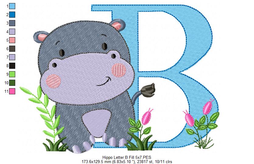Hippo Monogram B Letter B - Fill Stitch Embroidery