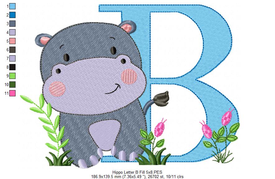 Hippo Monogram B Letter B - Fill Stitch Embroidery