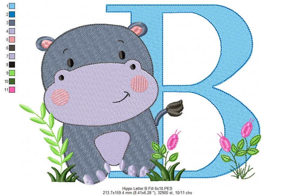 Hippo Monogram B Letter B - Fill Stitch Embroidery