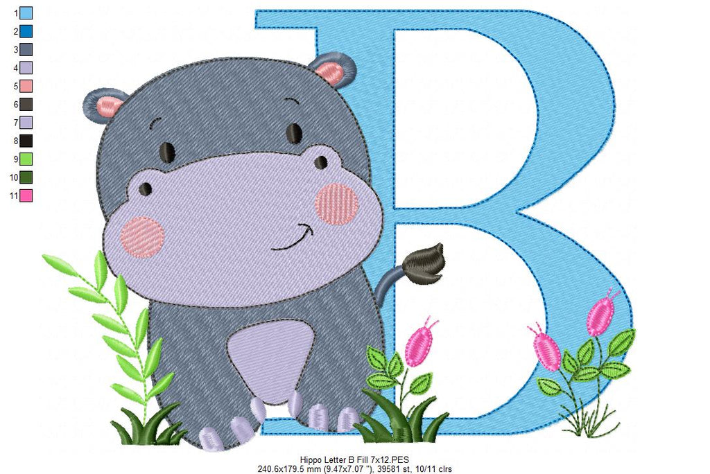 Hippo Monogram B Letter B - Fill Stitch Embroidery