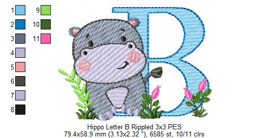 Hippo Monogram B Letter B - Rippled Stitch Embroidery