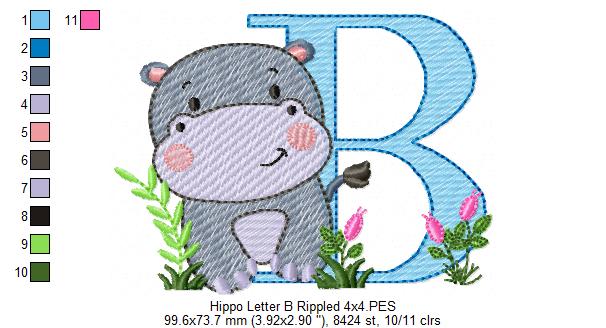 Hippo Monogram B Letter B - Rippled Stitch Embroidery