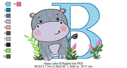 Hippo Monogram B Letter B - Rippled Stitch Embroidery