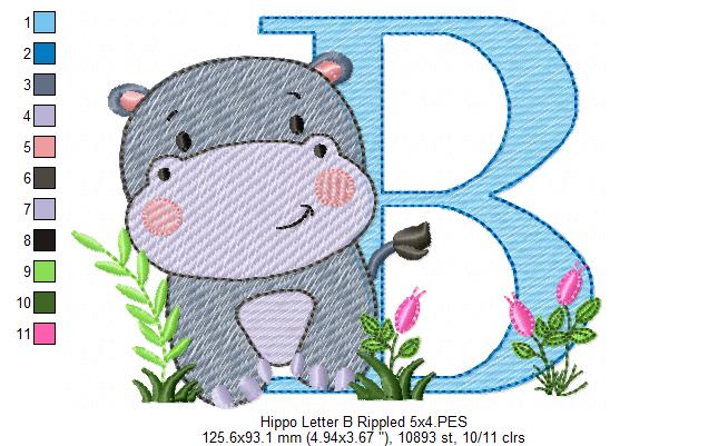 Hippo Monogram B Letter B - Rippled Stitch Embroidery