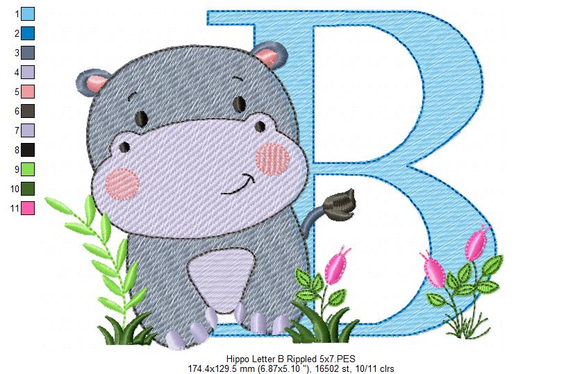 Hippo Monogram B Letter B - Rippled Stitch Embroidery
