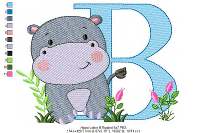 Hippo Monogram B Letter B - Rippled Stitch Embroidery