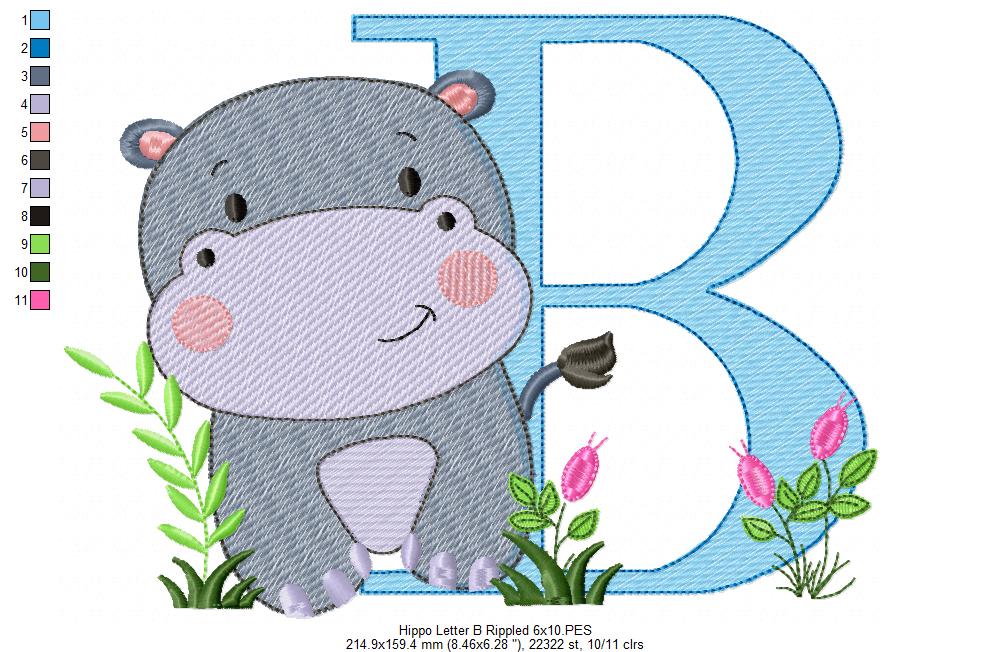 Hippo Monogram B Letter B - Rippled Stitch Embroidery