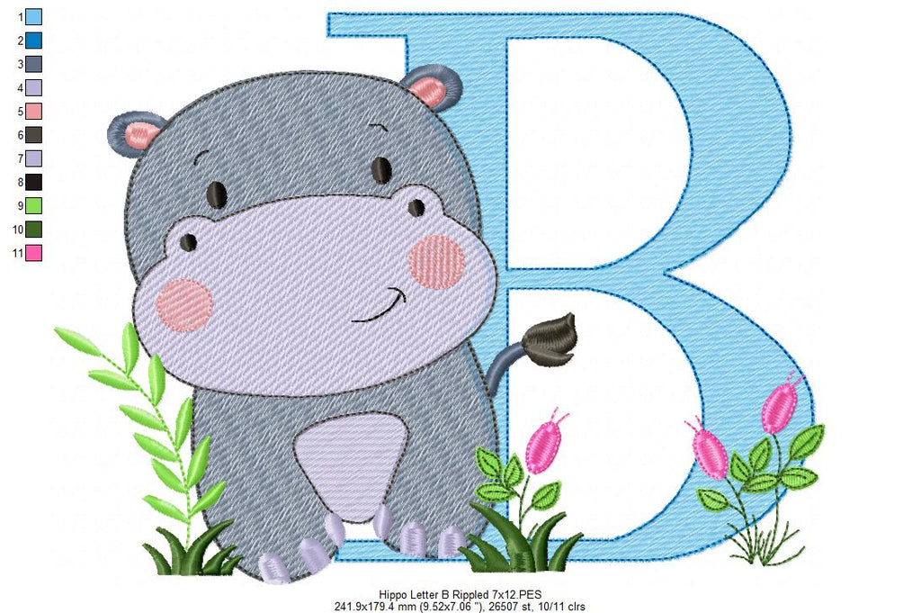 Hippo Monogram B Letter B - Rippled Stitch Embroidery