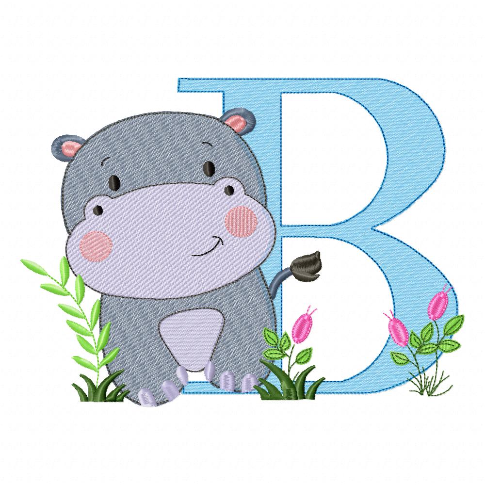 Hippo Monogram B Letter B - Rippled Stitch Embroidery