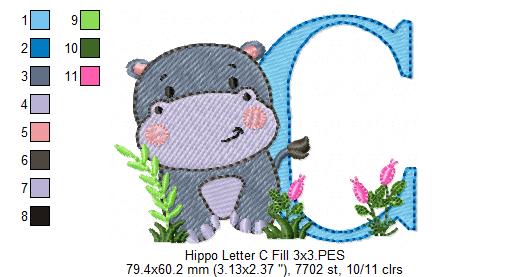 Hippo Monogram C Letter C - Fill Stitch Embroidery