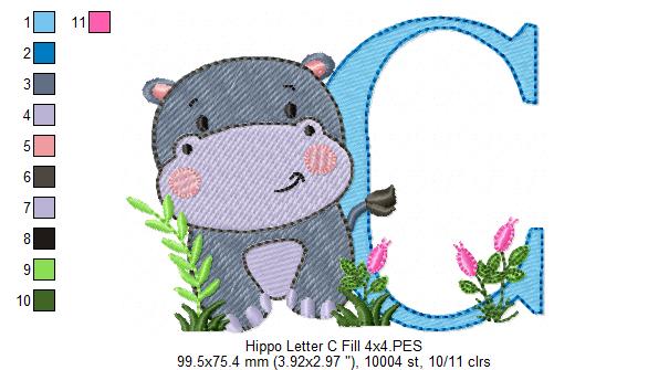 Hippo Monogram C Letter C - Fill Stitch Embroidery