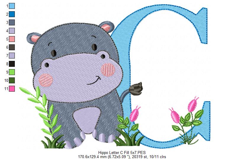 Hippo Monogram C Letter C - Fill Stitch Embroidery
