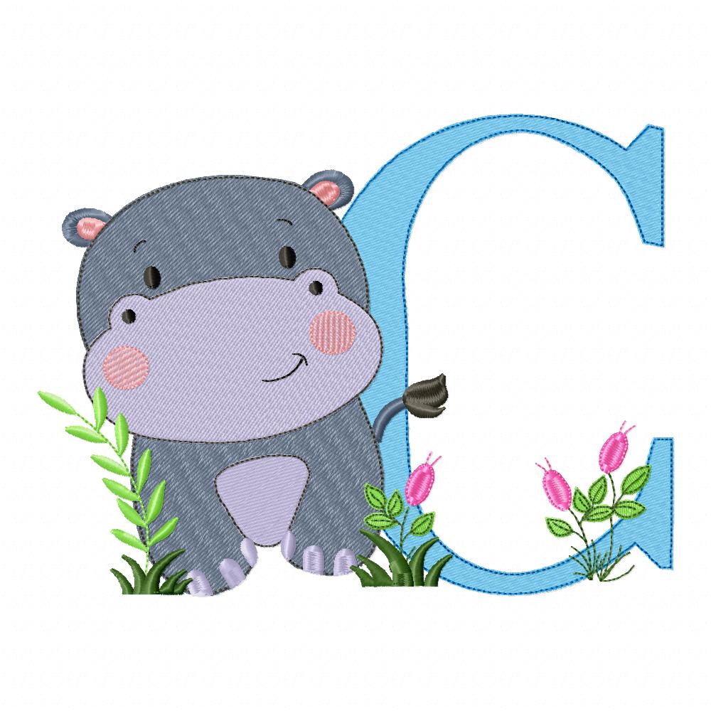 Hippo Monogram C Letter C - Fill Stitch Embroidery