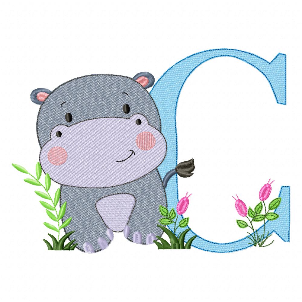 Hippo Monogram C Letter C - Rippled Stitch Embroidery