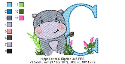 Hippo Monogram C Letter C - Rippled Stitch Embroidery