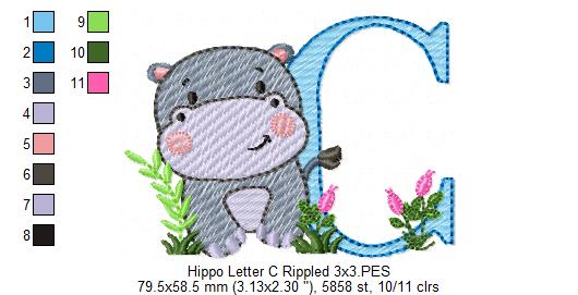 Hippo Monogram C Letter C - Rippled Stitch Embroidery