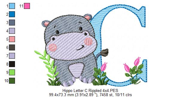 Hippo Monogram C Letter C - Rippled Stitch Embroidery