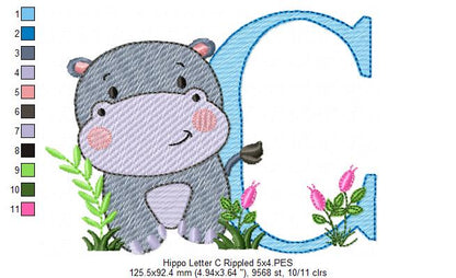 Hippo Monogram C Letter C - Rippled Stitch Embroidery