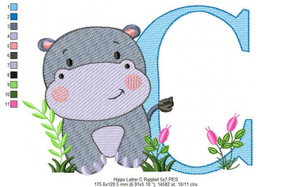 Hippo Monogram C Letter C - Rippled Stitch Embroidery