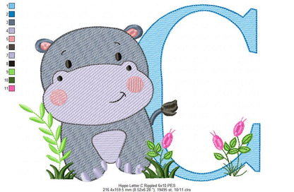 Hippo Monogram C Letter C - Rippled Stitch Embroidery
