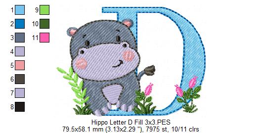 Hippo Monogram D Letter D - Fill Stitch Embroidery