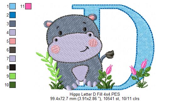 Hippo Monogram D Letter D - Fill Stitch Embroidery