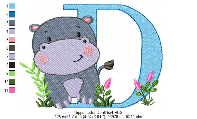 Hippo Monogram D Letter D - Fill Stitch Embroidery