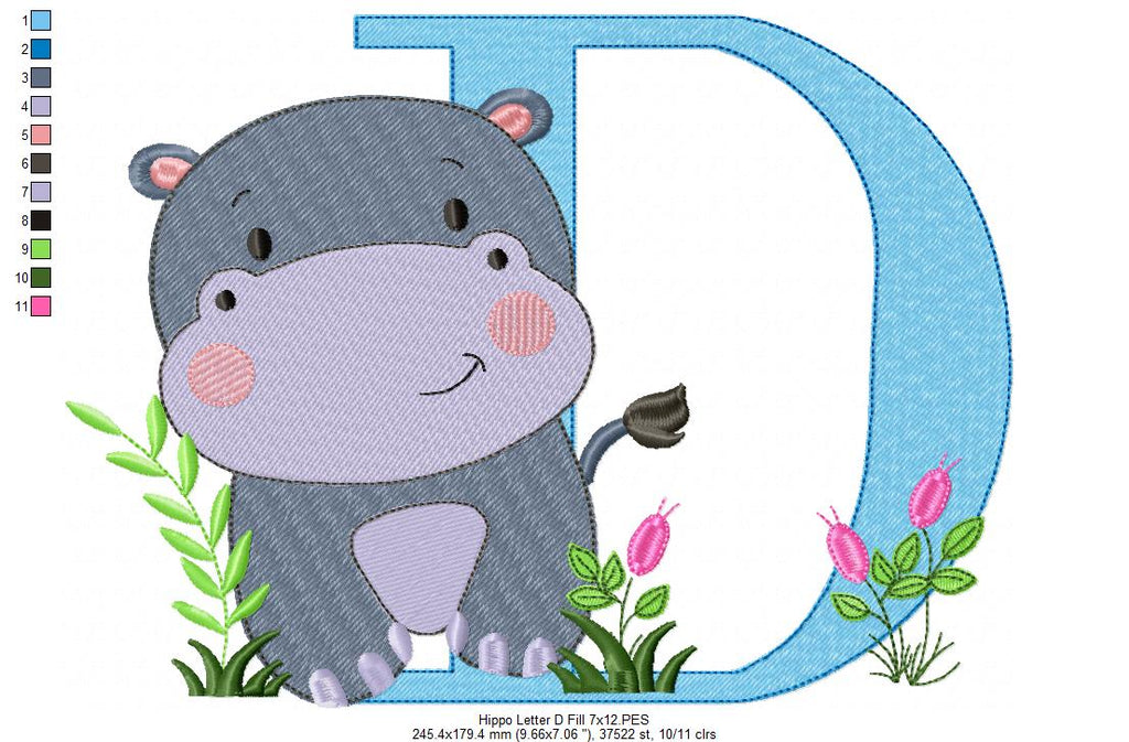 Hippo Monogram D Letter D - Fill Stitch Embroidery