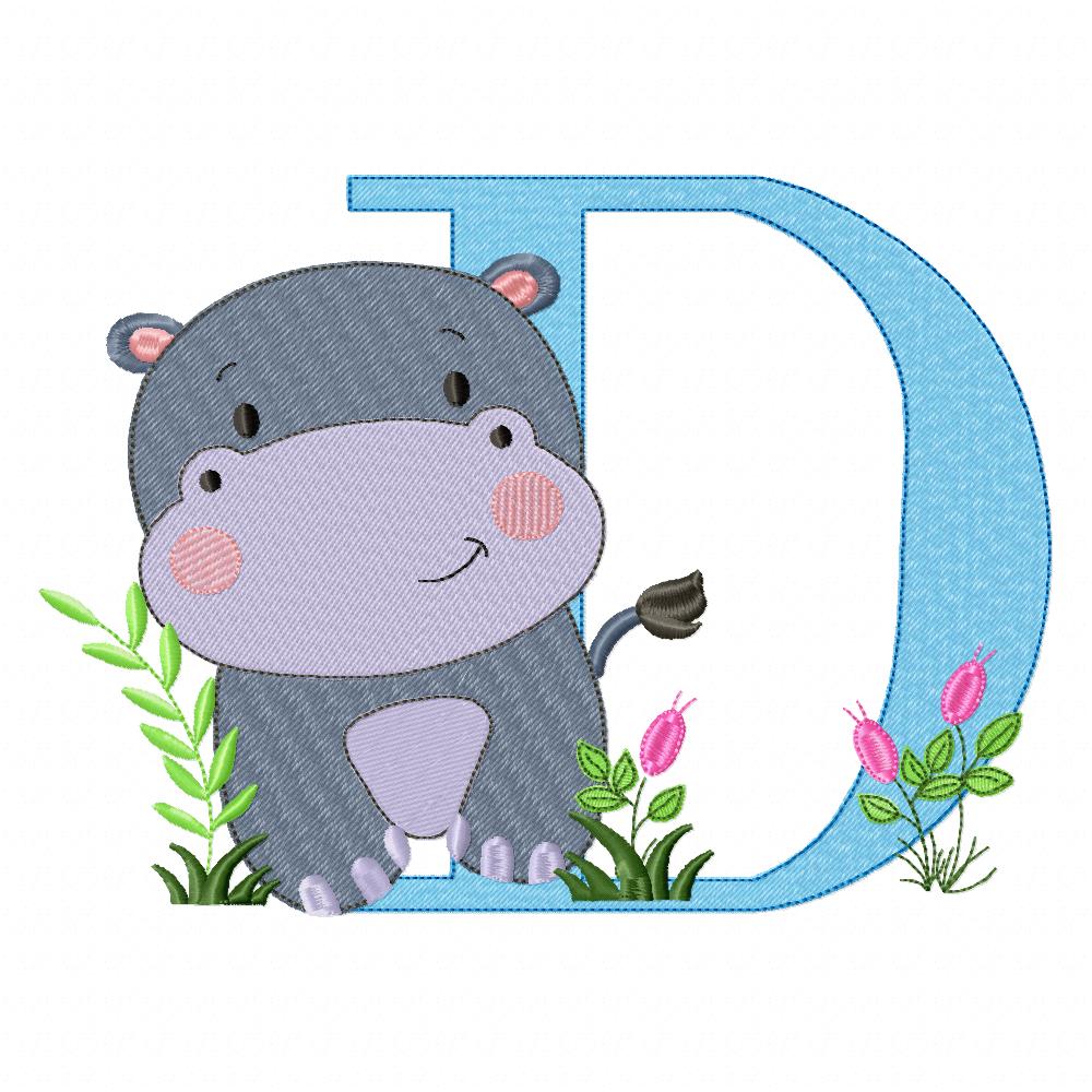 Hippo Monogram D Letter D - Fill Stitch Embroidery