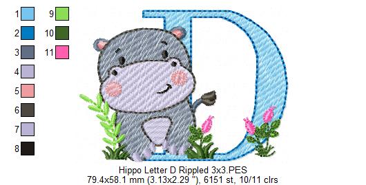 Hippo Monogram D Letter D - Rippled Stitch Embroidery