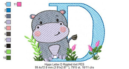 Hippo Monogram D Letter D - Rippled Stitch Embroidery