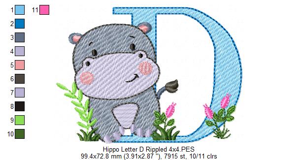 Hippo Monogram D Letter D - Rippled Stitch Embroidery