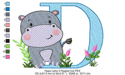 Hippo Monogram D Letter D - Rippled Stitch Embroidery