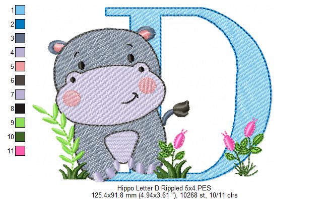 Hippo Monogram D Letter D - Rippled Stitch Embroidery