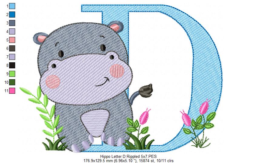 Hippo Monogram D Letter D - Rippled Stitch Embroidery