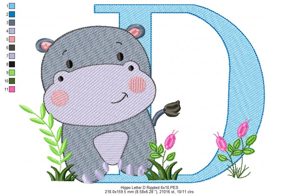 Hippo Monogram D Letter D - Rippled Stitch Embroidery