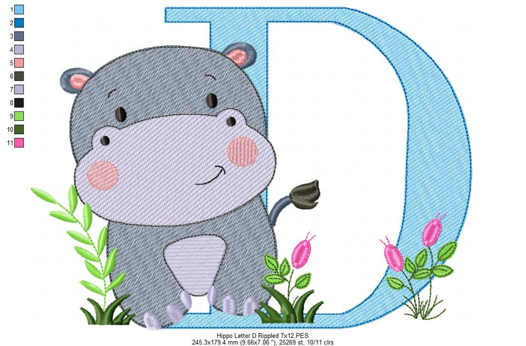 Hippo Monogram D Letter D - Rippled Stitch Embroidery