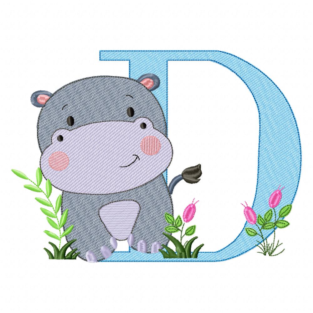 Hippo Monogram D Letter D - Rippled Stitch Embroidery