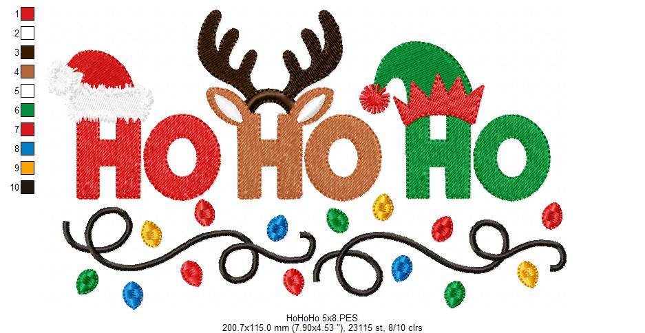 Ho Ho Ho Reindeer Elf Lights – Fill Stitch – Machine Embroidery Design
