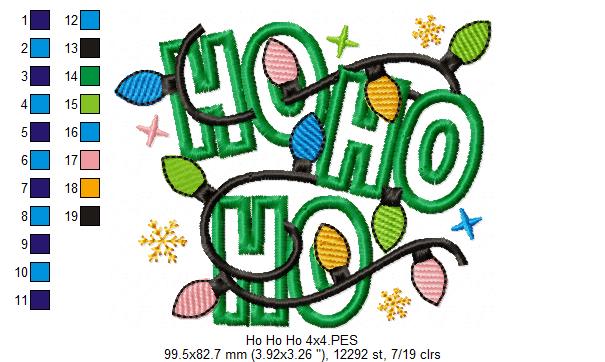 Christmas Lights Ho Ho Ho - Applique - Machine Embroidery Design