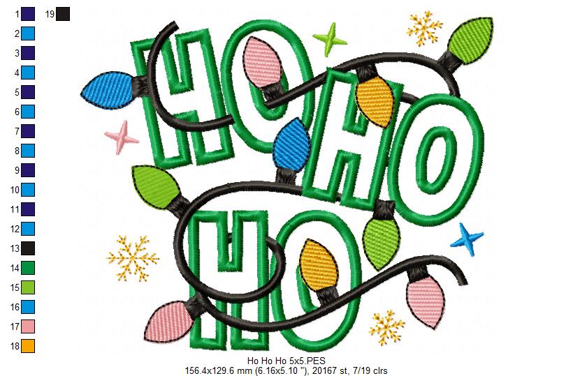 Christmas Lights Ho Ho Ho - Applique - Machine Embroidery Design